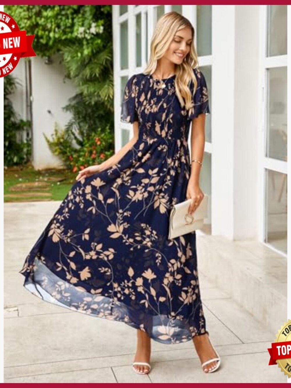 Summer Maxi Dress Floral Boho Flowy Chiffon Smocked Top Short Sleeve - Picture 2 of 7